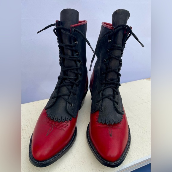 Abilene Leather Lace Up Western Packer Kiltie Boots Women’s Size 9.5 M Red Black - Picture 11 of 14